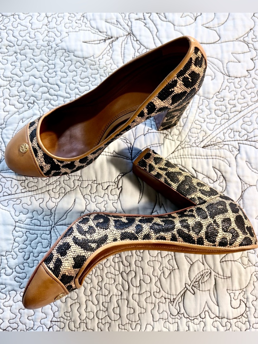 Tory Burch Ethel Leopard Raffia Cap Toe 4” Block Heel Pump Logo Medallion~8.5🧡